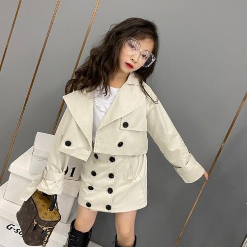 Baby Girl Retro Fashion Personality Single-breasted Suit 2021 Autumn Short Trench Coat and Skirt Two-piece Suit Girl Clothes