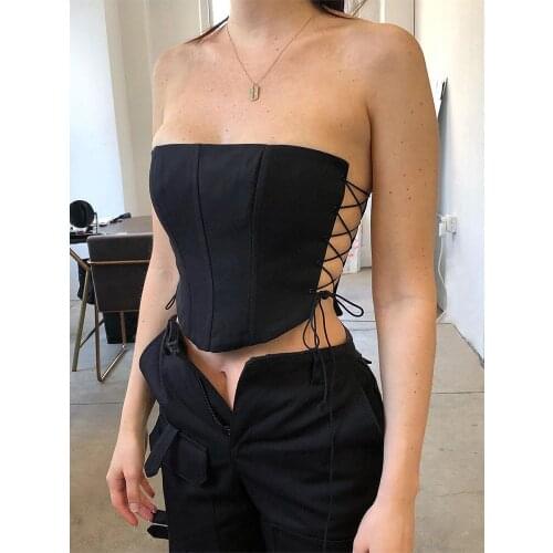 Autumn New Style Sleeveless Halter Sexy Side Strap Tank Tops Bandage Black High Street Summer Fashion Outfits Camis Crop Tops