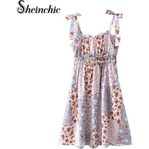 Casual Flower Printed Chiffon Dresses for Women 2021 Elegant Ruffles Mini Spaghetti Strap Summer Dress