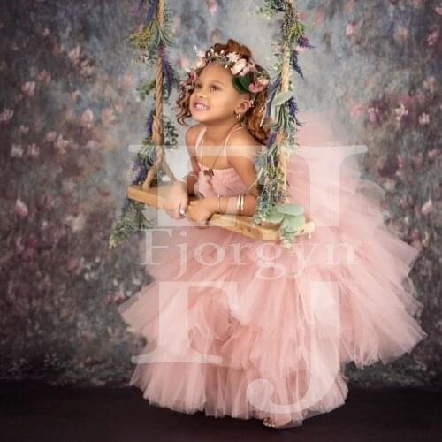 Adorable Pink Custom Made Kids Dress Tiered Ball Gown Girls 2021 Spagehetti Zipper Back Tulle Dress Girl robe de bal