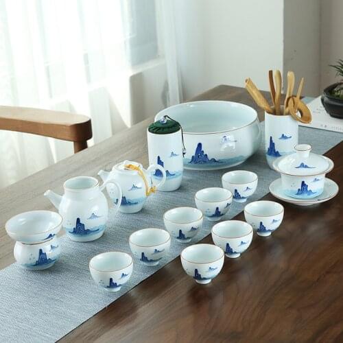 Relief hand-painted tea set set household simple shadow green ceramic teapot Kung Fu teacup tea cup tea maker large set