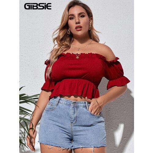 GIBSIE Plus Size Flounce Sleeve Off Shoulder Peplum Top Blouse Women Sweet Casual Summer Short Sleeve Crop Tops Female 3xl 4xl