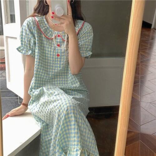 Yellow green plaid women homewear short sleeve single breasted tops shorts pants pyjamas nightgowns cotton girls sleepwear Y867