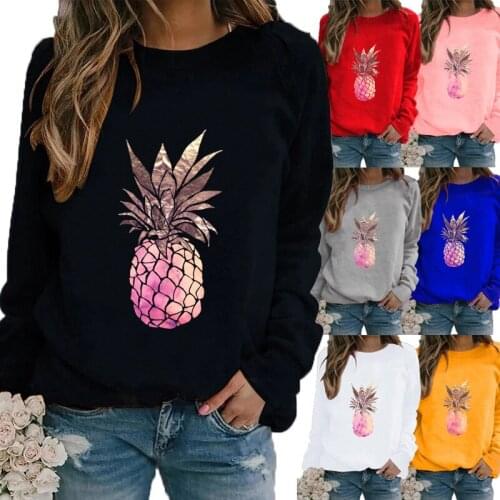 Womens Autumn and Winter Round Neck Casual Fashion Solid Color Long Sleeve Pineapple Print T-shirt Loose Blouse Tops