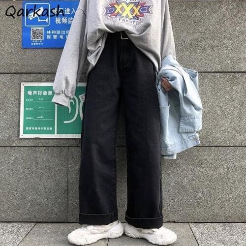 Jeans Women Solid Black Wide Leg High Waist Buttons Washed Streetwear Vintage Trousers Cool Y2k Female Leisure Loose Fashionable