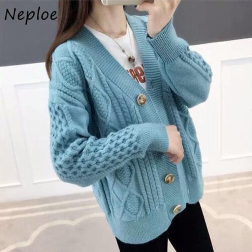 Neploe Korean Solid Color Knitting Pull Femme Coat V Neck Long Sleeve Single-breasted Sweater 2021 Autumn New Fashion Cardigans