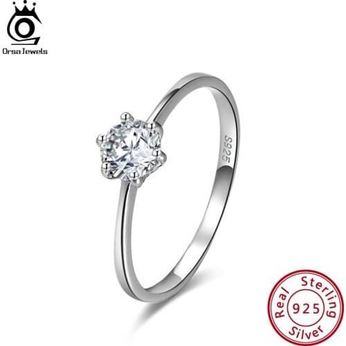ORSA JEWELS Solid 925 Sterling Silver Women Wedding Solitaire Ring AAAA Round Cubic Zircon Fashion Finger Ring Jewelry SR116