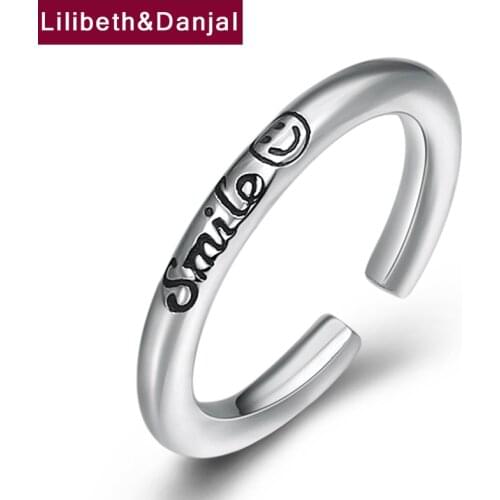 Women Opening Ring Real 925 Sterling Silver Smiley English Letter Adjustable Wedding Ring Jewelry joyas de plata 925 mujer R04
