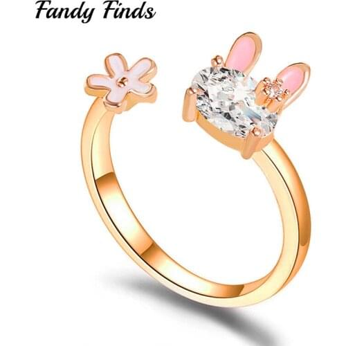 ZYYHAND Adjustable Ring Women Cute Rabbit AAAA Zircon Flower Rose Gold-Plated Girl Engagement Party Jewelry Alloy Ring