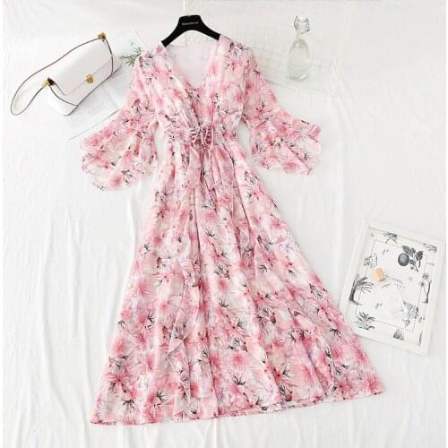 High Quality Bohemian 2021 Summer New Arrival V Collar Collect Waist Flare Sleeve Flower Printed Woman Chiffon Long Dress