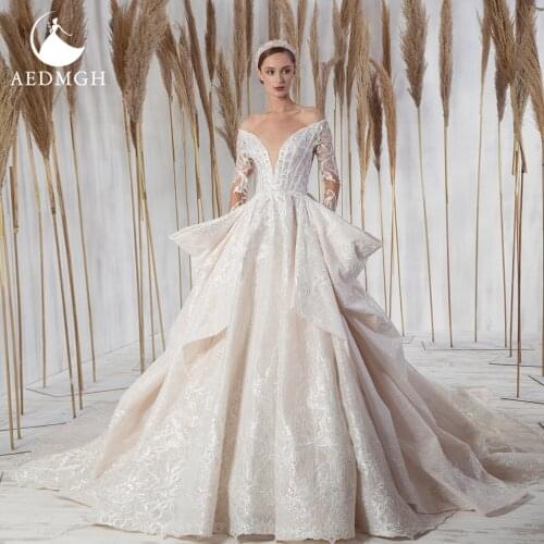 Aedmgh Ball Gown Bow Wedding Dresses 2021 V-Neck Off The Shoulder Long Sleeve Vestido De Novia Lace Appliques Chic Bridal Gown