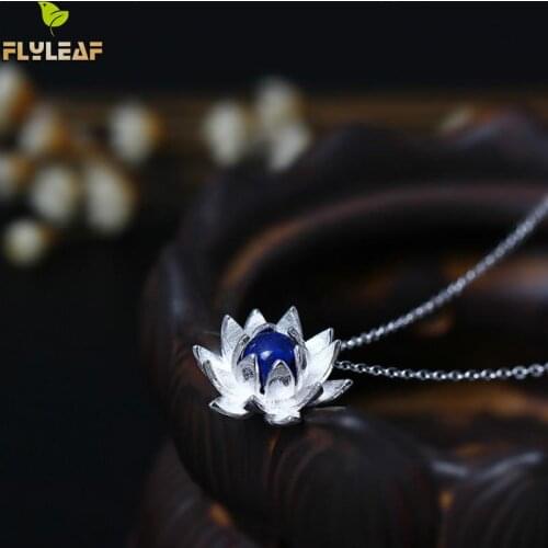 Flyleaf 925 Sterling Silver Lapis Lazuli Lotus Flower Necklaces & Pendants For Women Creative Elegant Lady Fashion Jewelry