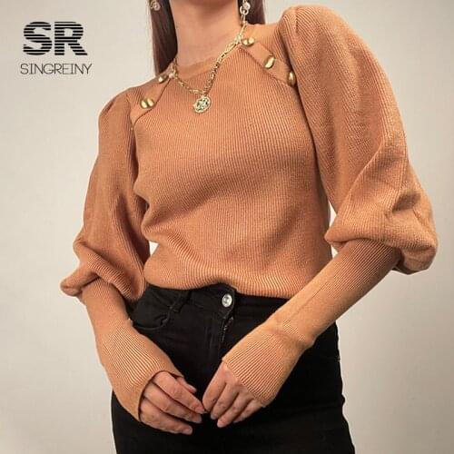 SINGREINY 2021 Winter Knitted Sweaters Women O Neck Lantern Puff Sleeves Knit Tops Fashion Thick Warm Sweaters