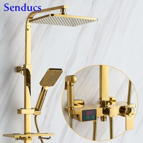 Gold Shower System Senducs Solid Brass Bathroom Faucets Quality Copper Bath Bidet Rainfall Shower Head Thermostatic Shower Set