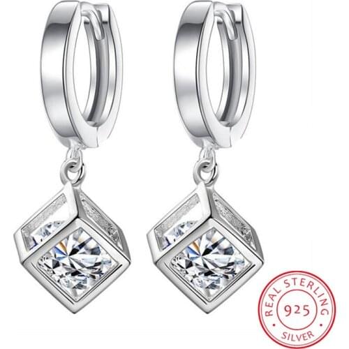 925 Sterling Silver Cube Love Window Zirconia Sugar Drop Earrings For Women brincos de prata Best Gift S-E228