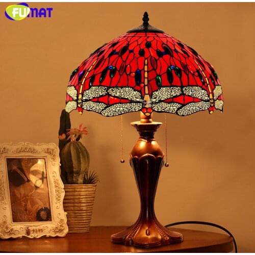 FUMAT Glass Art Table Lamp Antique Decor Red Dragonfly Living Room LED Stained Glass Lamp Studio Bedside Stand Light Fixtures