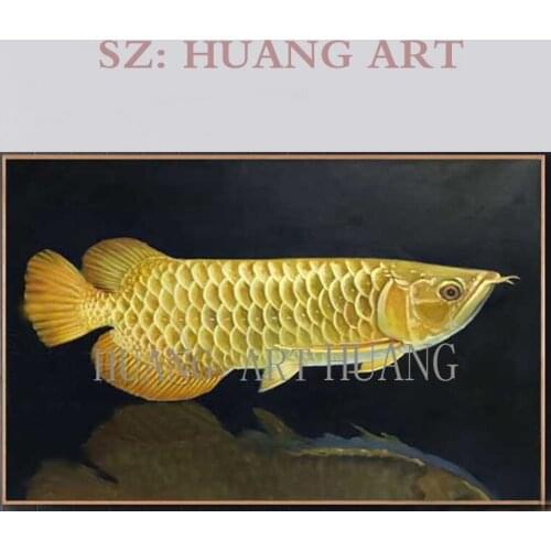 Artist Hand-painted Rich Fish Yellow Arowana Oil Painting Beautiful Golden Dragon Fish Arowana Oil Painting for Wall Decoration