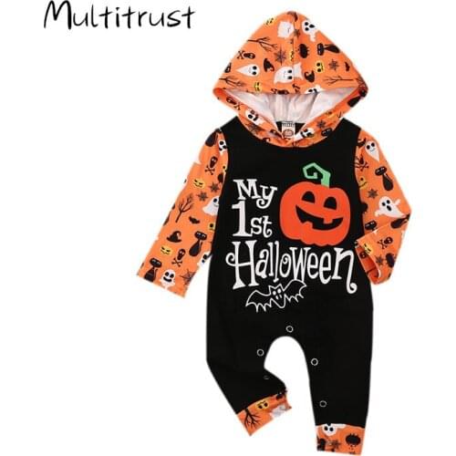 Toddler Baby Boys Girls Clothes Halloween Long Sleeve Hooded Romper Jumpsuit Pumpkin Ghost Printed Pajama Outfits 0-24M