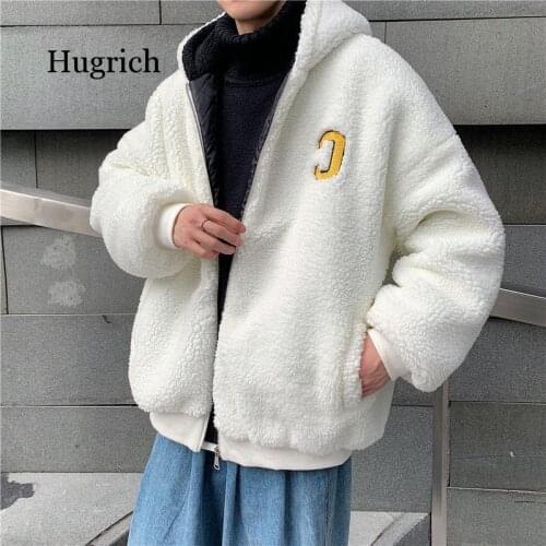 Korean Winter Mens Lamb Wool Parkas Thicken Warm Women Oversized Coats Letter C Embroidery Men Jacket
