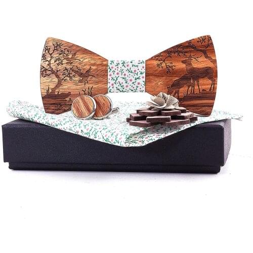 Linbaiway Men Suit Wooden Bowtie Handkerchief Brooches Cufflinks Set Wood Bow Ties Butterflies Wedding Corsage Christmas Gifts