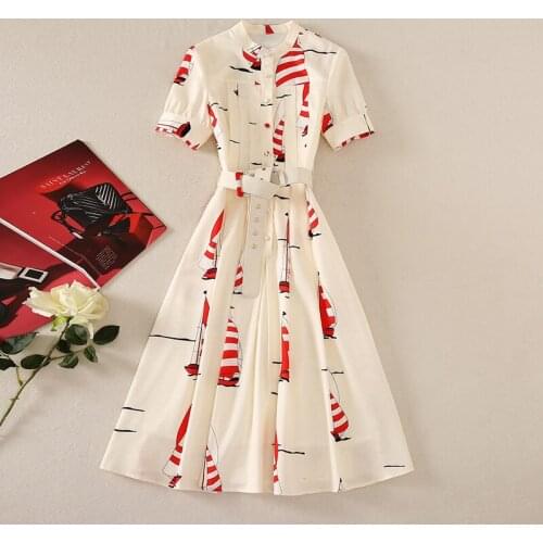 Newly Dress Womens Mid-Length Retro Temperament Thin Lapel Short-Sleeved Boat Print Fairy Skirt Soft and Breathable