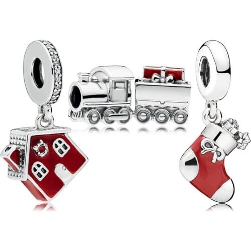 NEW 100% 925 Sterling Silver New 1:1 RAU0553 Festive Christmas Train House Charm Pack set Original Jewelry Gifts Recommended