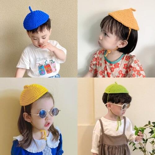 Autumn Winter Childrens Warm Knitted Berets New Korean Solid Color Cute Pot Sticker Hats for Boys Girls Baby Painter Hats Bebes