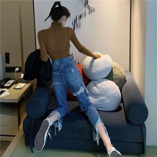 Autumn Women Elastic Holes Jeans Pants High Waist Denim Hole Ripped Destroyed Female Fashion Spring Casual Blue Jeans Trousers