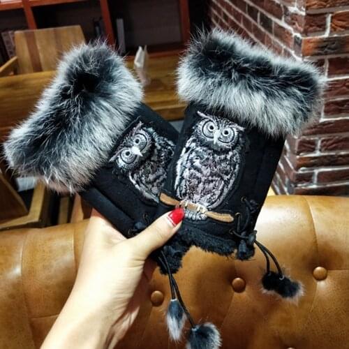 Fashion Winter Gloves for Women embroidery Owl Rabbit Fur winter Gloves Suede half finger Mittens Female students typing