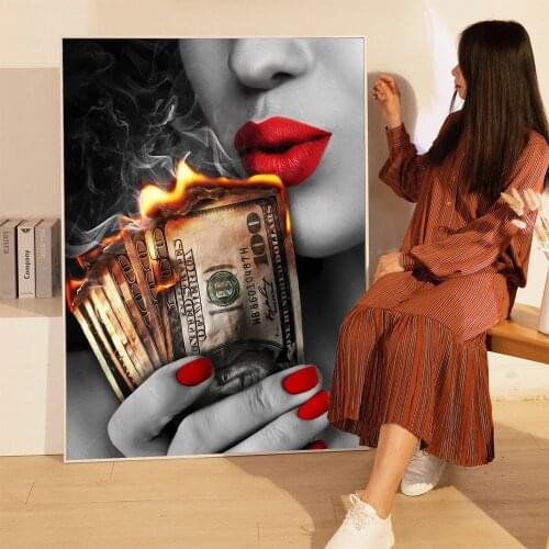 Smile Red Lips Smoking Beauty Woman Poster Burning Dollar Money Canvas Painting Wall Art Picture Living Bedroom Home Decor
