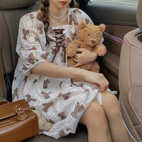 Japanese New Sweet Lolita Style Princess Dress Women Cute Cartoon Bear Puff Sleeve Bandage Mini Dresses Girls Kawaii Party Dress