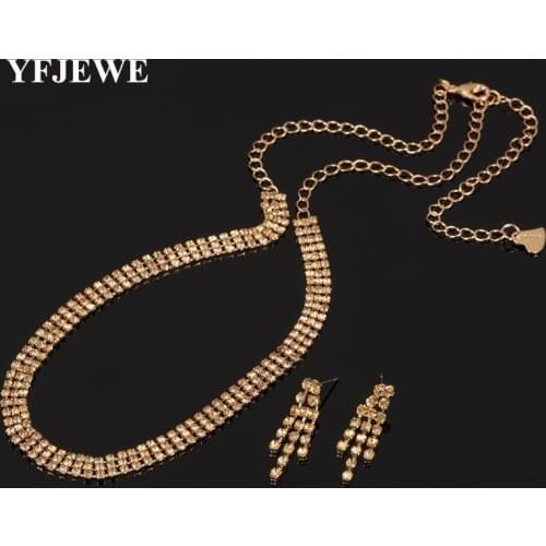 YFJEWE Luxury Wedding Jewelry Sets For Bride Elegant Crystal Chain Necklace Earrings Set for Women Gold-color Party Jewelry N318