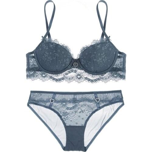 Sexy Lace Bra and Brief Set Thin Padded Push Up Bra Underwear With Rhinestone Transparent Panties Women Lingerie A B C D Cup