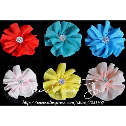 20pcs/lot)6.5CM 14 Colors Handmade Chic Chiffon Flowers Solid Ballerina Blossom Scalloped Flowers With Rhinestone Button Center