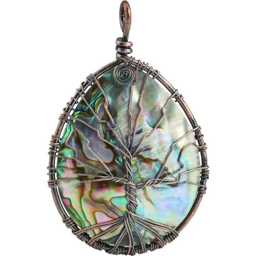 SUNYIK Rainbow Big Teardrop Abalone Shell Pendant Copper Wire Wrapped Tree of Life Healing Retro Jewelry For Necklace