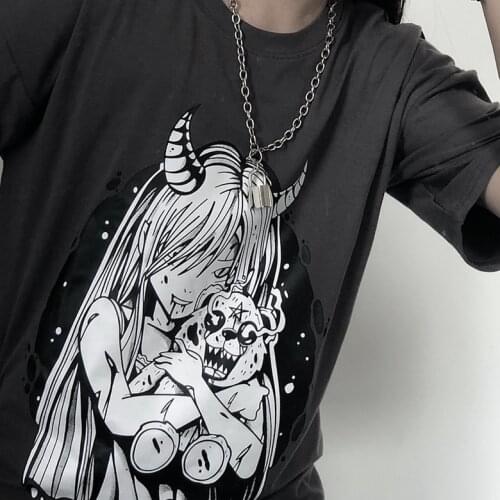 Satan demon Punk Gothic Tops Loose Streetwear Harajuku Japan Cartoon girls Print Summer fun Casual Aesthetic cute women T-shirt