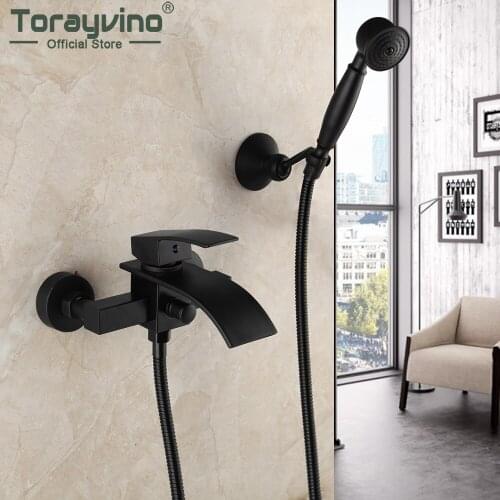 Torayvino Bathroom Bathtub Matte Black Shower Faucet Set Waterfall Spout & Rainfall Shower Hand Spray Combo Kit Mixer Water Tap