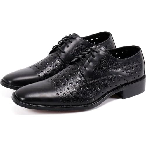Summer Genuine Leather Men Dress Shoes Office Business Wedding Black Luxury Formal brogue Pointed Toe Oxfords Mens Shoes