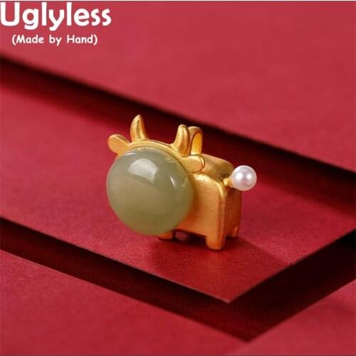 Uglyless Lovely OX Year Gifts Bull Jewelry Sets Women Gemstones Studs Earrings 925 Silver Pendants Necklaces NO Chain Agate Jade
