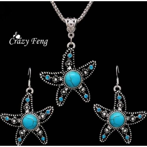 Jewelry Sets Charming Starfish tibetan silver Earring Necklace For Women with blue stone crystal jewelry wholesale Free shipping