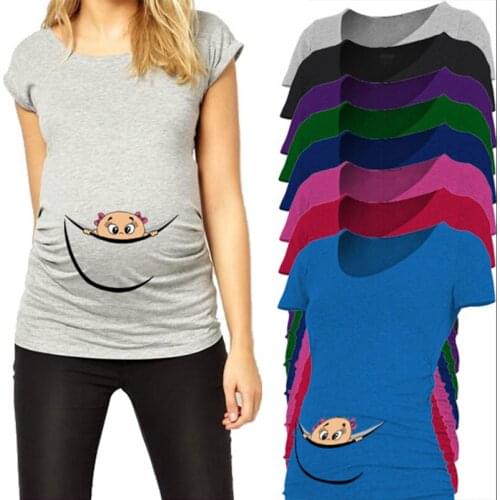 Funny maternity tops cotton baby peeking out t shirts for pregnant women o-neck tees summer pregnancy clothes maternity clothing