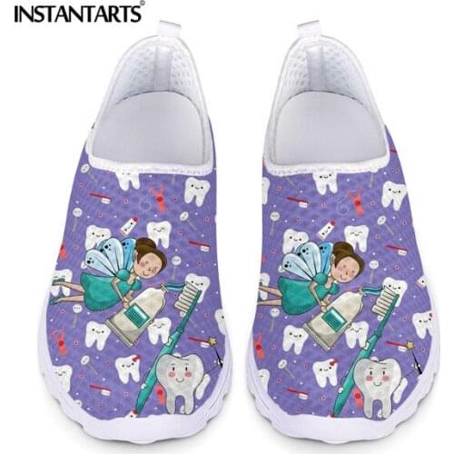 INSTANTARTS Women Nursing Shoes Dentist Flat Loafers Dental Fairy with Kwaii Teeth Printed Slip on Mesh Sneaker Sapato Femme