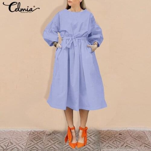 2021 Women Fashion Lantern Sleeve Dress Celmia Party Dresses O-Neck Belted Casual Solid Pleated Work Vestidos Plus Size Dress 7