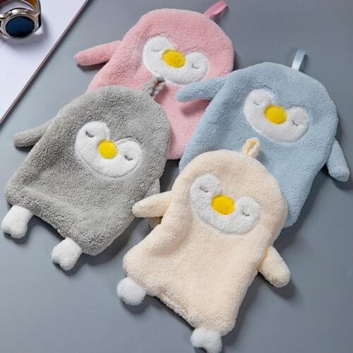 1PC Cartoon Penguin Hand Towel Children Washing Hands Towel Kitchen Bathroom Hanging Coral Fleece Cute Absorbent Towel U2