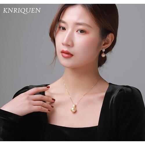 100% 925 Solid Silver Pale Gold Fresh Water Pearl Pendant Drop Earrings for Women High Carbon Diamond Wedding Fine Jewelry Sets
