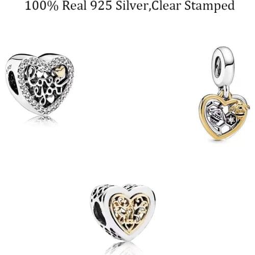 100% Sterling Silver 925 Bead Love You Heart Charm Pendants Fits Original Bracelets Bangles For Girls DIY Making Jewelry Gifts