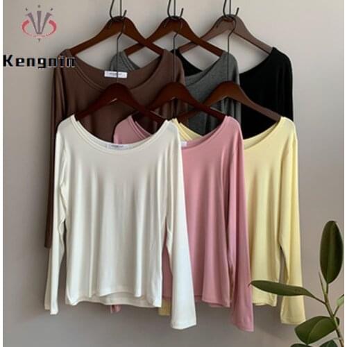 2021 Autumn Winter Loose Women Tops O-Neck Solid Color Ladies T-Shirts Casual Long Sleeve Simple Pullovers Female Tees KN250