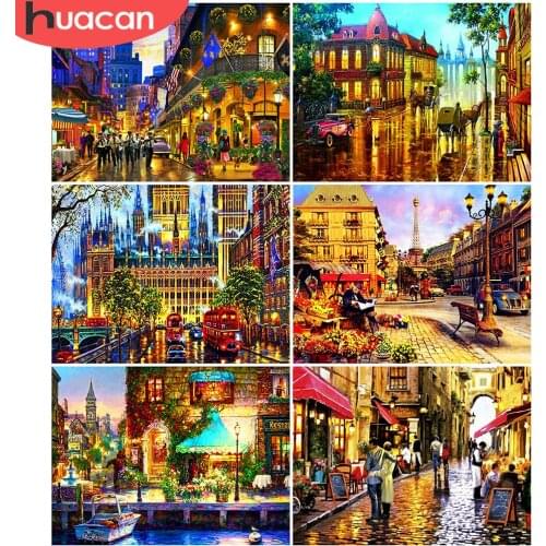 HUACAN DIY Diamond Painting Cross Stitch Street Full Square Painting Rhinestone Town 5D Mosaic Diamond House Decoration