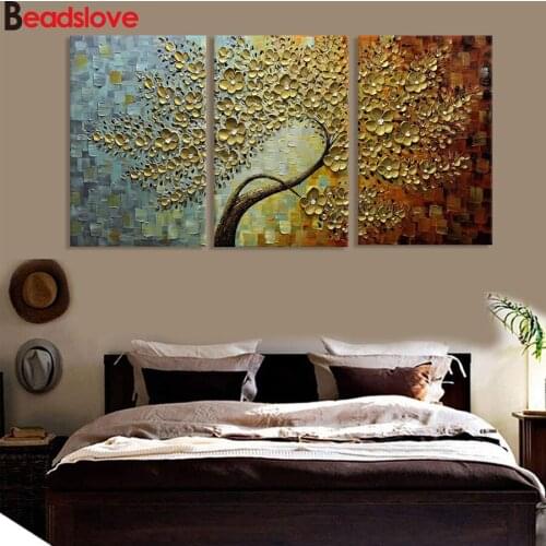 Diy Diamond Painting golden flowers tree mosaic full square/round drills diamond embroidery 3pcs wall decor