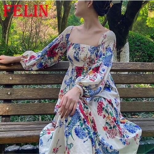 FELIN Za 2021 Summer Women Dress Floral Print Stretched Elastic Long Party Cami Dress Elegant Femal Sweet Chic Vestidos